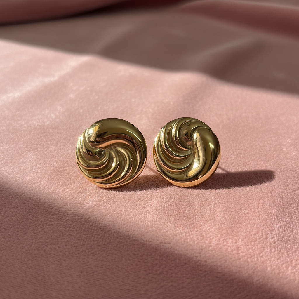 Gold Swirl Studs on dusty rose background — waterproof gold earrings India — SIOBHÁN
