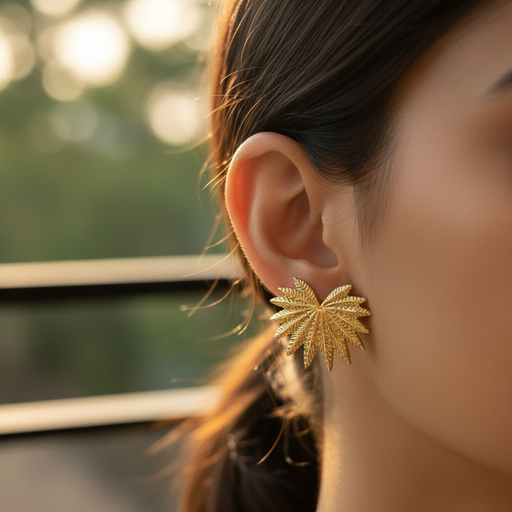 Golden Sunburst Studs ear close-up — waterproof gold earrings India — SIOBHÁN