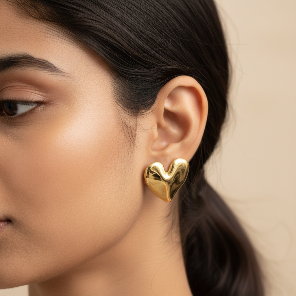 Ear close-up with Luxe Heart Stud Earrings abstract heart — anti-tarnish heart earrings India — SIOBHÁN