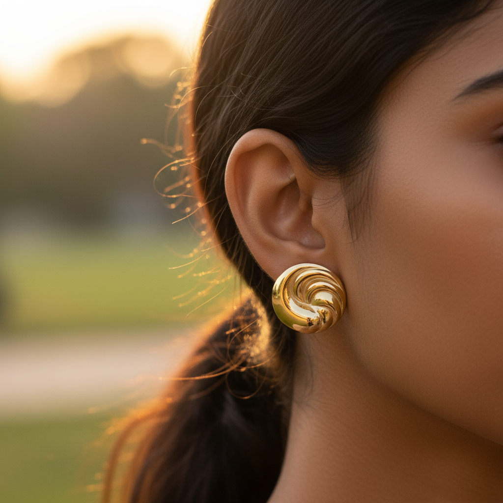 Golden Swirl Studs ear close-up correct size — anti-tarnish swirl studs India — SIOBHÁN