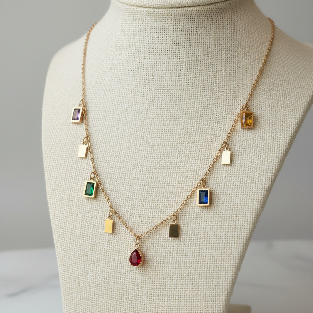 Multicolor Gem Charm Necklace elegant display with soft shadows — anti-tarnish gold necklace India — SIOBHÁN
