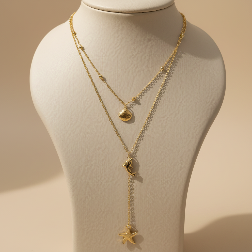 Mermaid Layered Necklace elegant display with soft shadows — waterproof necklace India — SIOBHÁN