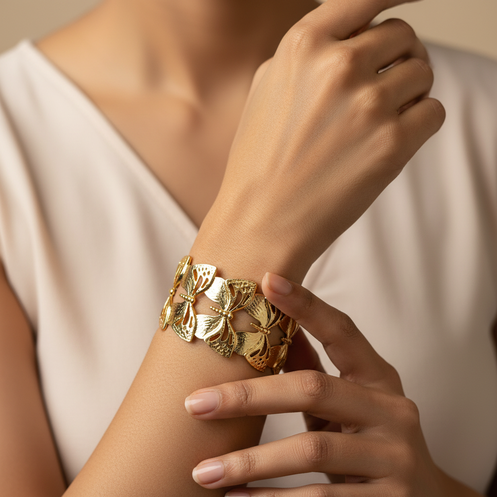 Butterfly Filigree Cuff Bracelet elegant wrist pose — waterproof gold bracelet India — SIOBHÁN