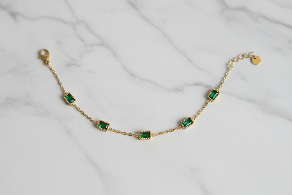 Gold Emerald Green Baguette Station Bracelet