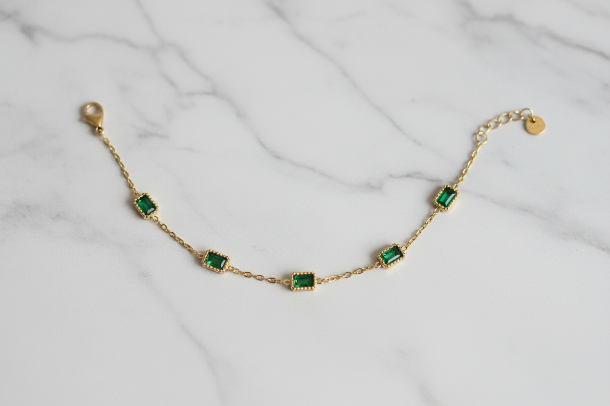 Gold Emerald Green Baguette Station Bracelet