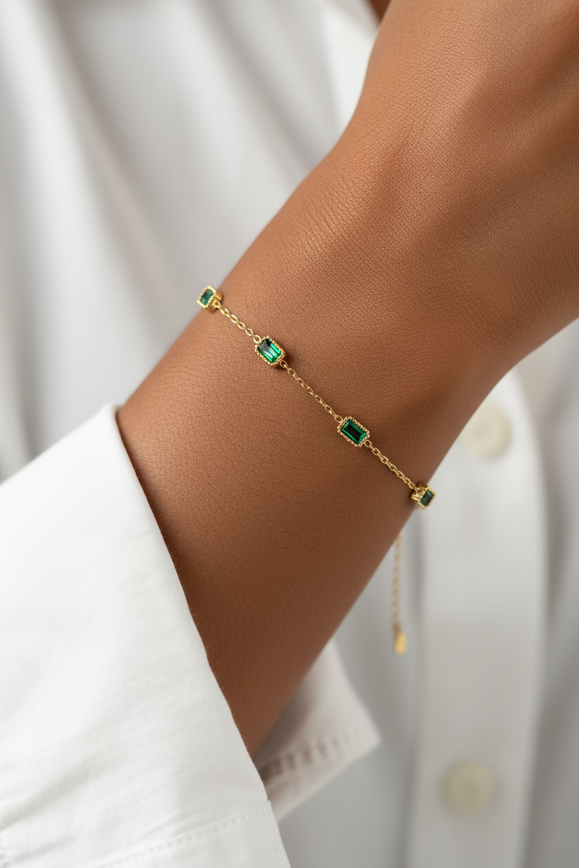 Gold Emerald Green Baguette Station Bracelet