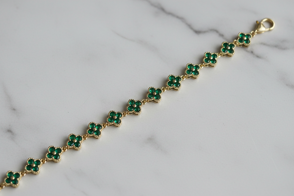 Gold Emerald Green Clover CZ Tennis Bracelet