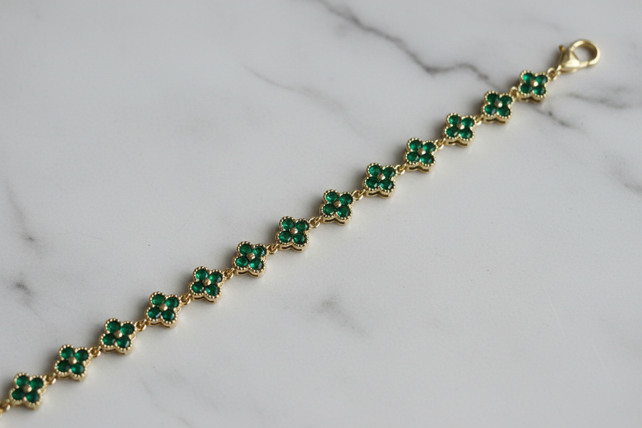 Gold Emerald Green Clover CZ Tennis Bracelet