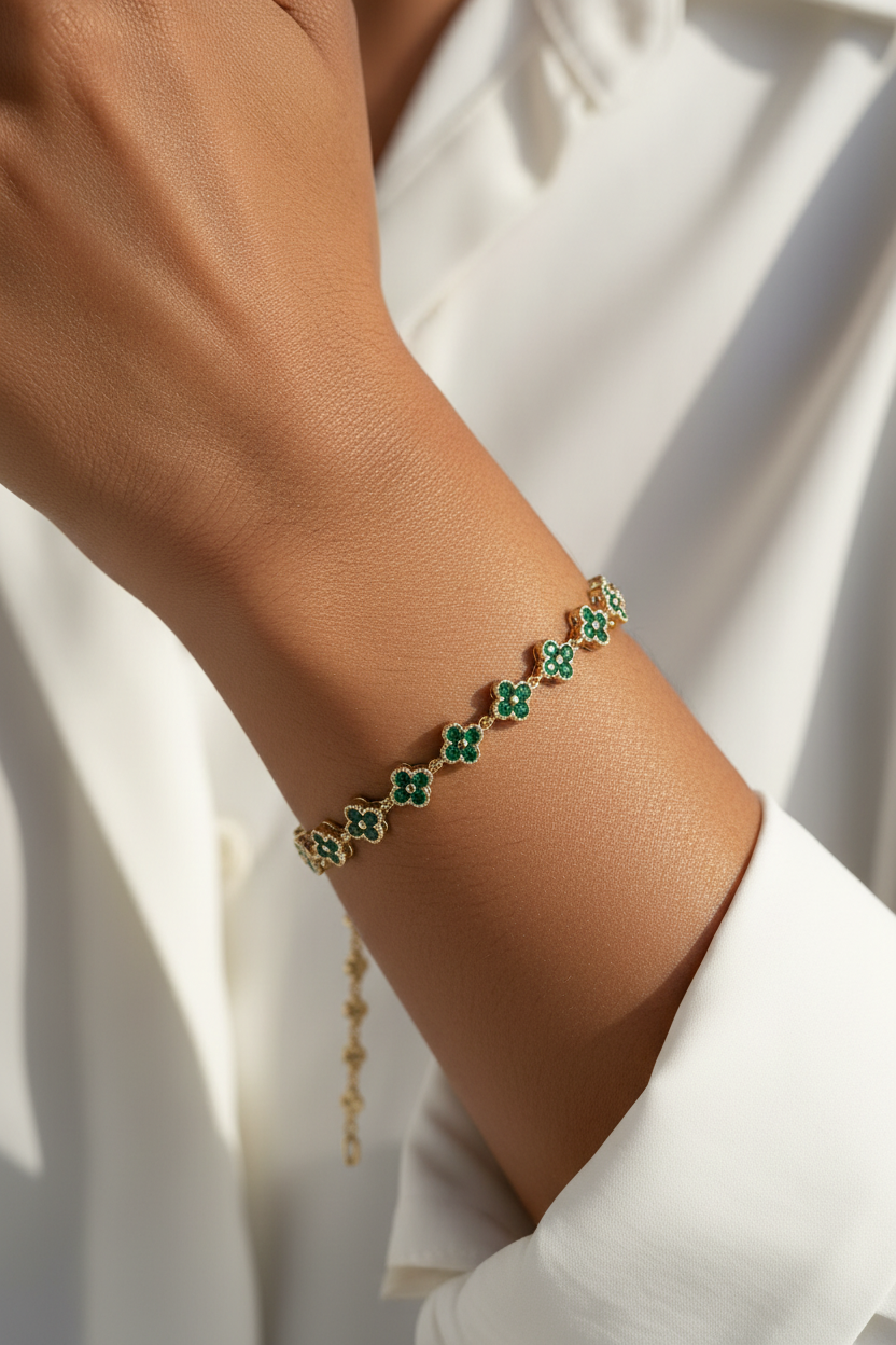 Gold Emerald Green Clover CZ Tennis Bracelet