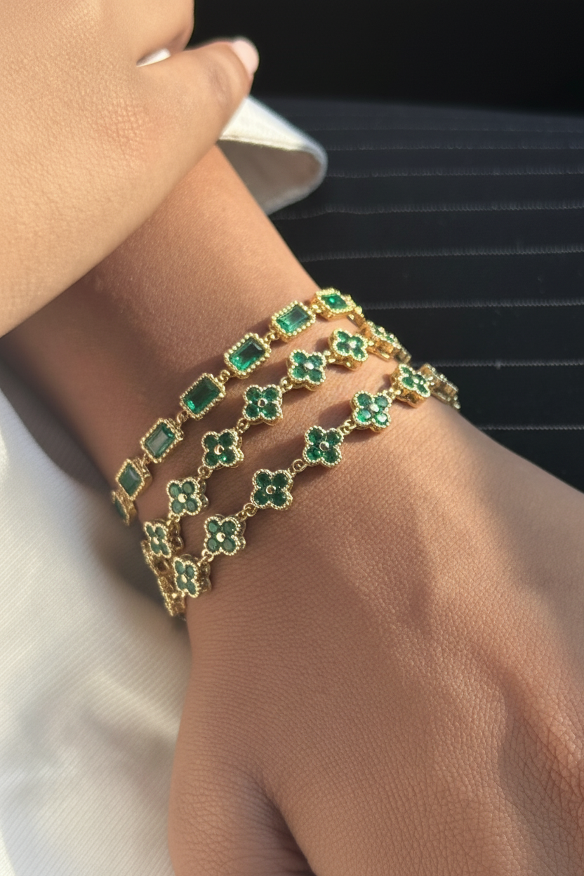 Gold Emerald Green Clover CZ Tennis Bracelet