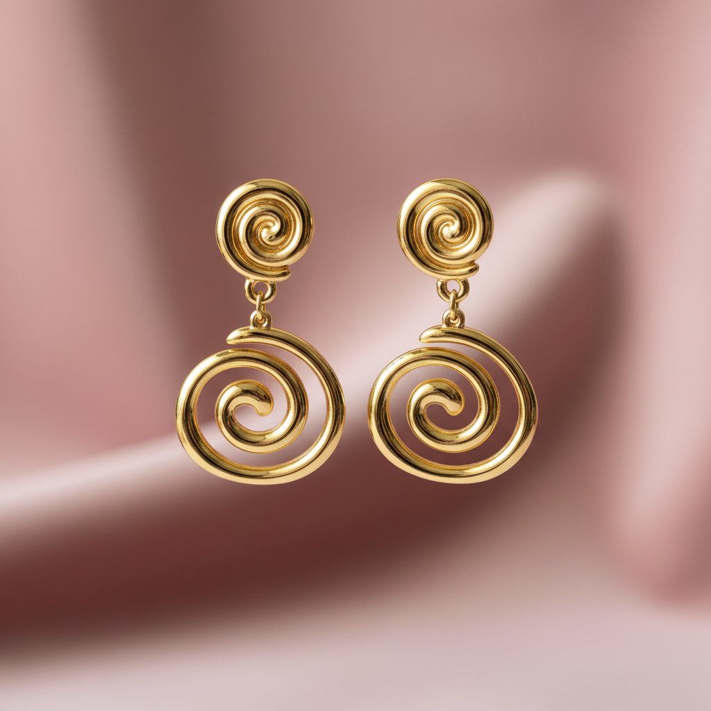 Swirl Spiral Drop Earrings dusty rose background exact size — anti-tarnish gold earrings India — SIOBHÁN
