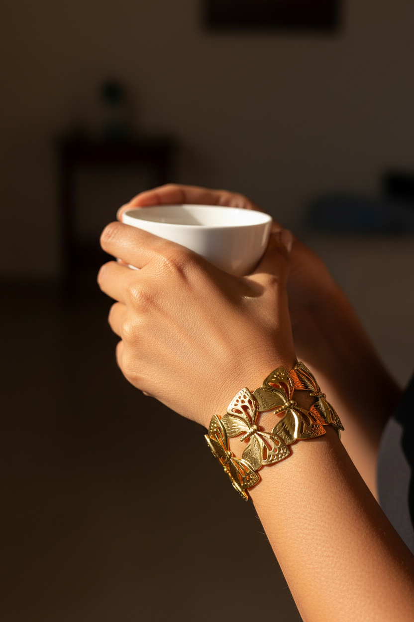 Butterfly Filigree Cuff Bracelet size while holding tea cup — anti-tarnish bracelet India — SIOBHÁN