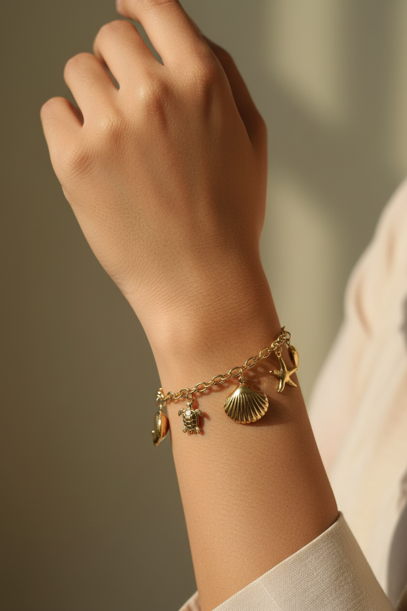 Ocean Charm Bracelet extreme close-up charm details — anti-tarnish beach bracelet India — SIOBHÁN