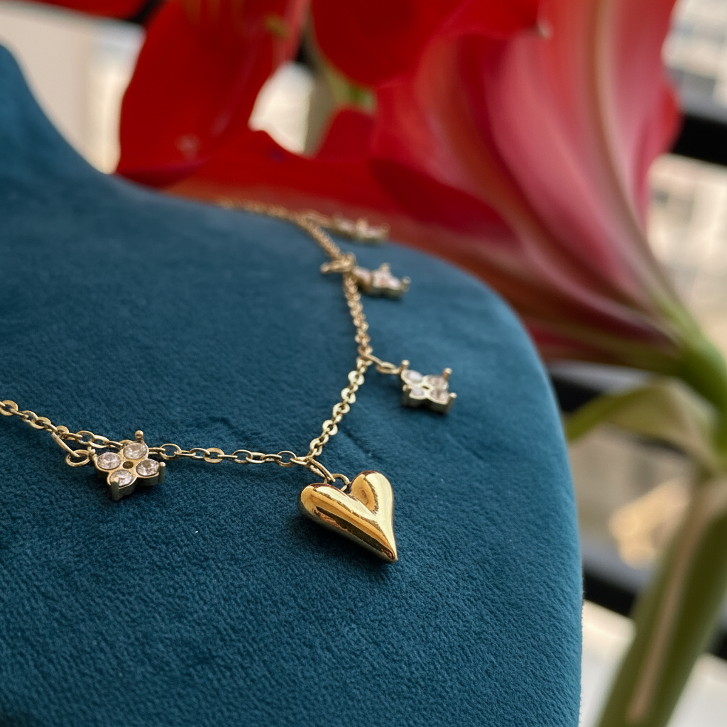 Floral Heart Charm Necklace extreme close-up heart and flower charms — anti-tarnish gold necklace India — SIOBHÁN