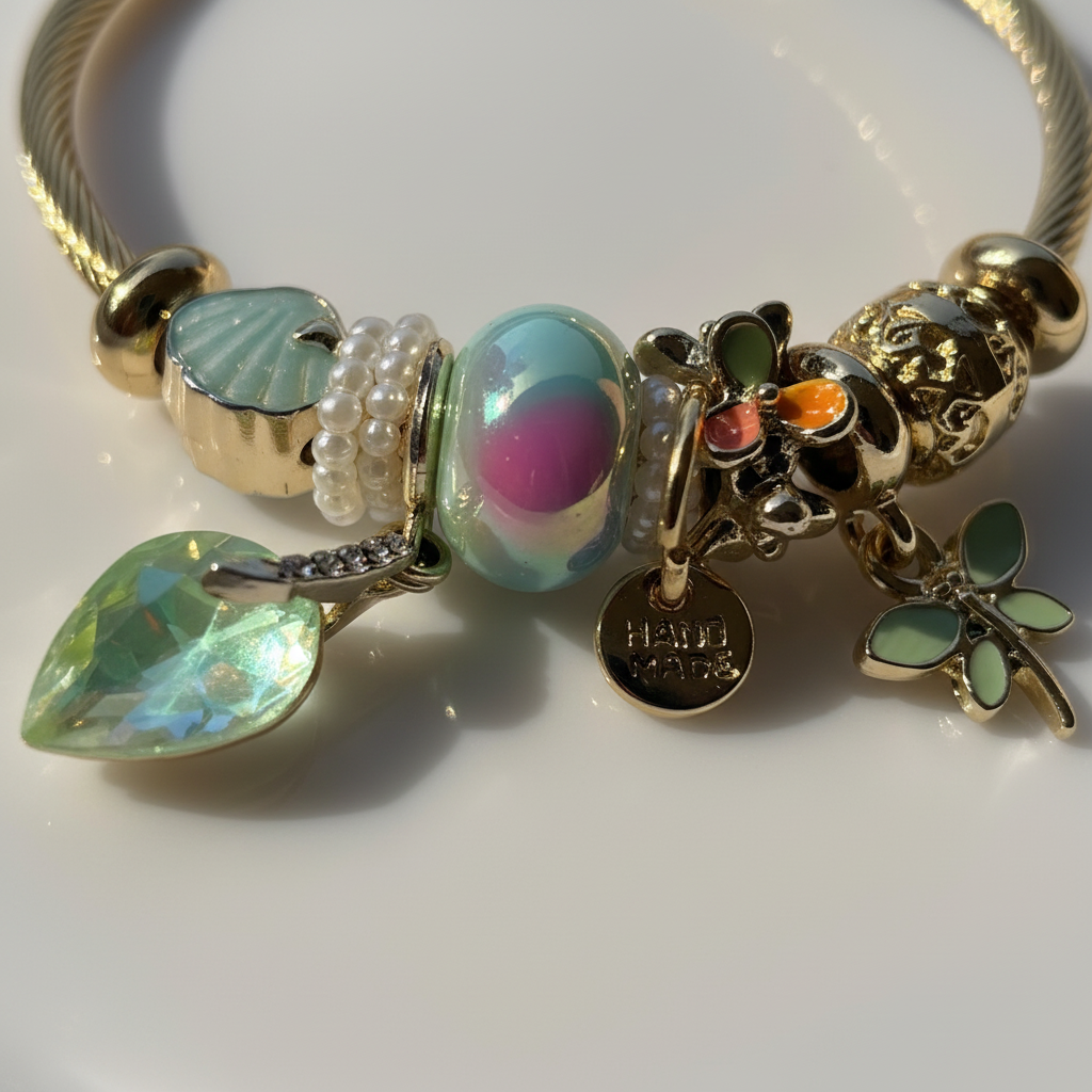 Aurora Garden Charm Cuff extreme macro all charm details — anti-tarnish gold cuff bracelet India — SIOBHÁN