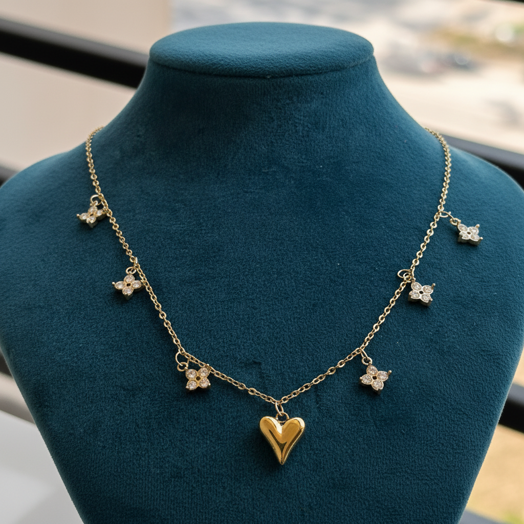 Floral Heart Charm Necklace on display stand — waterproof charm necklace India — SIOBHÁN