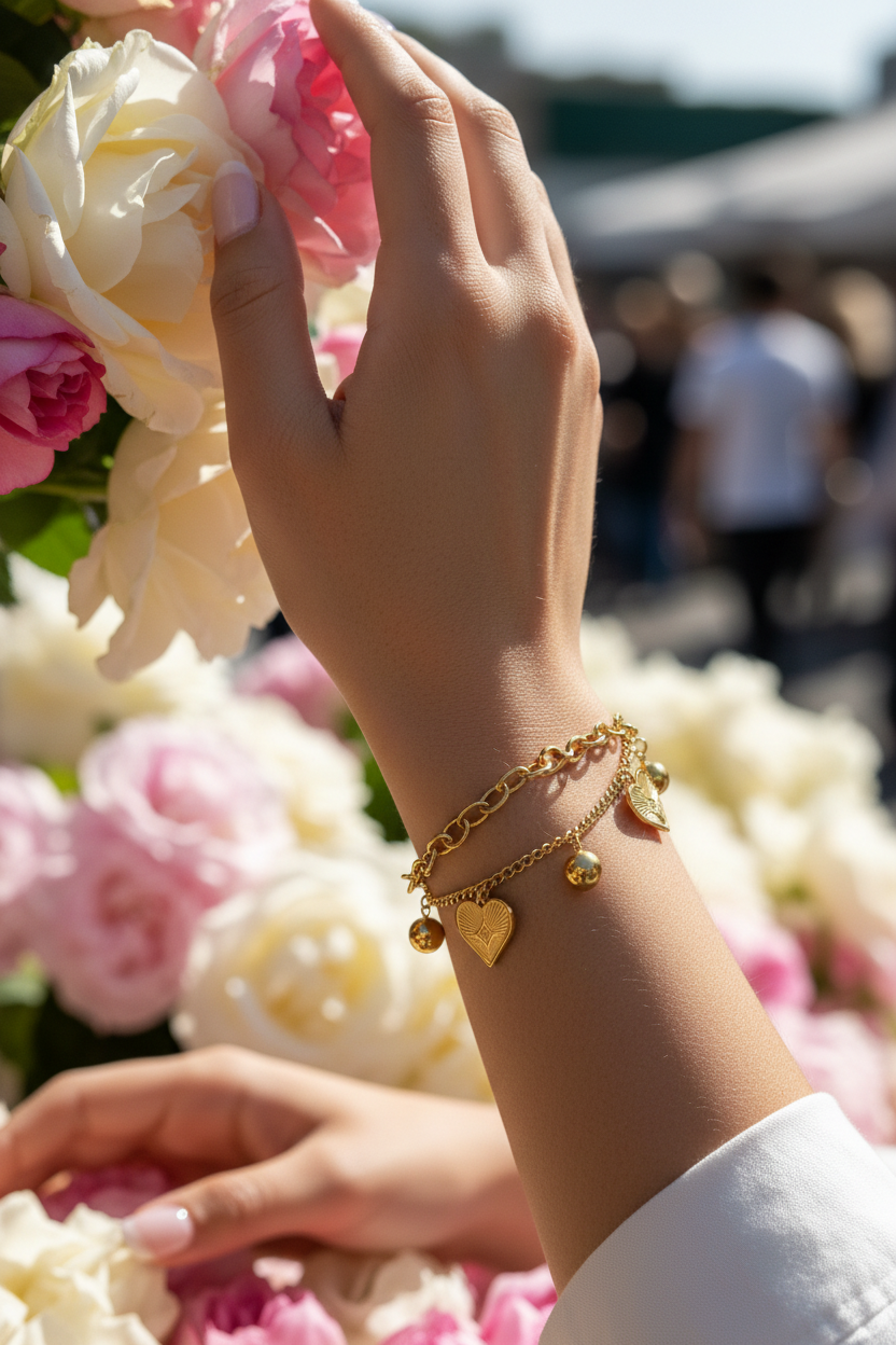 Double Chain Heart Charm Bracelet at flower market lifestyle — skin-safe gold bracelet India — SIOBHÁN