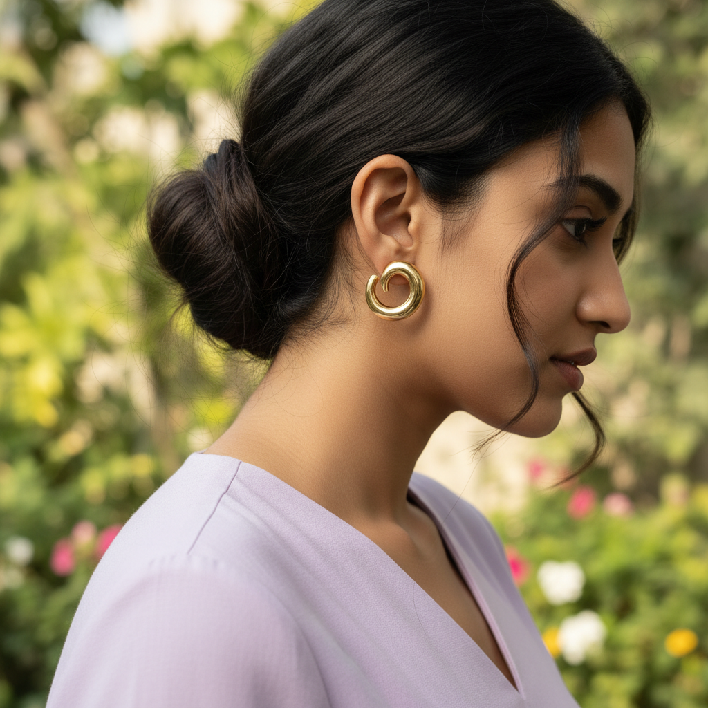 Aurora Crescent Hoops garden messy bun lifestyle — skin-safe gold hoops India — SIOBHÁN