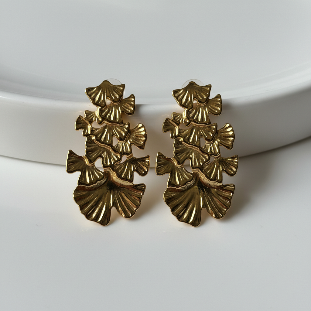 The Ginkgo Cascade Earrings white studio shot — anti-tarnish leaf earrings India — SIOBHÁN