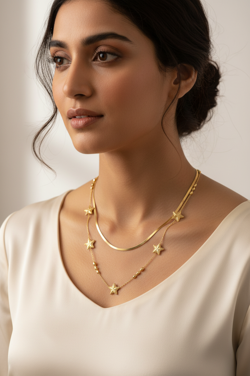 Model wearing Starfall Charm Necklace — anti-tarnish celestial necklace India — SIOBHÁN
