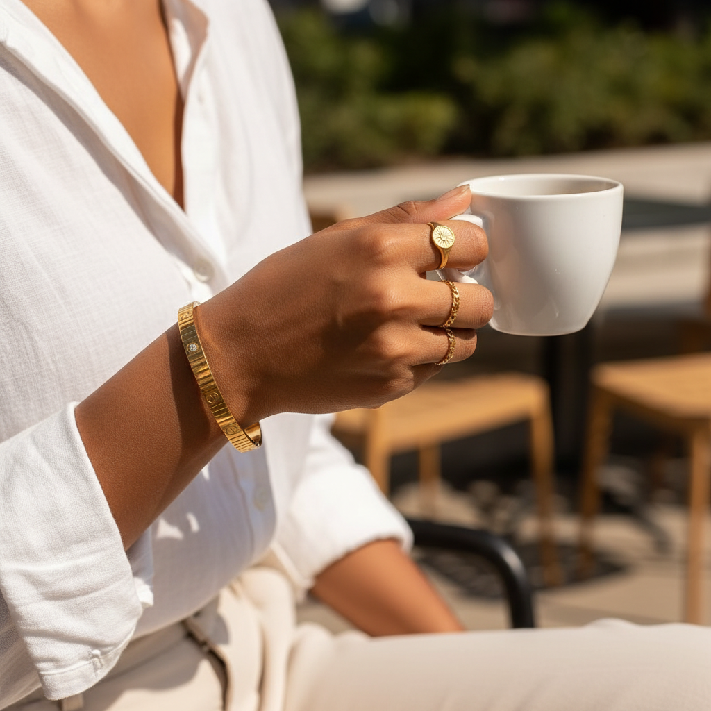 Gold Ribbed Diamond Bangle on wrist — gold bangle India — SIOBHÁN