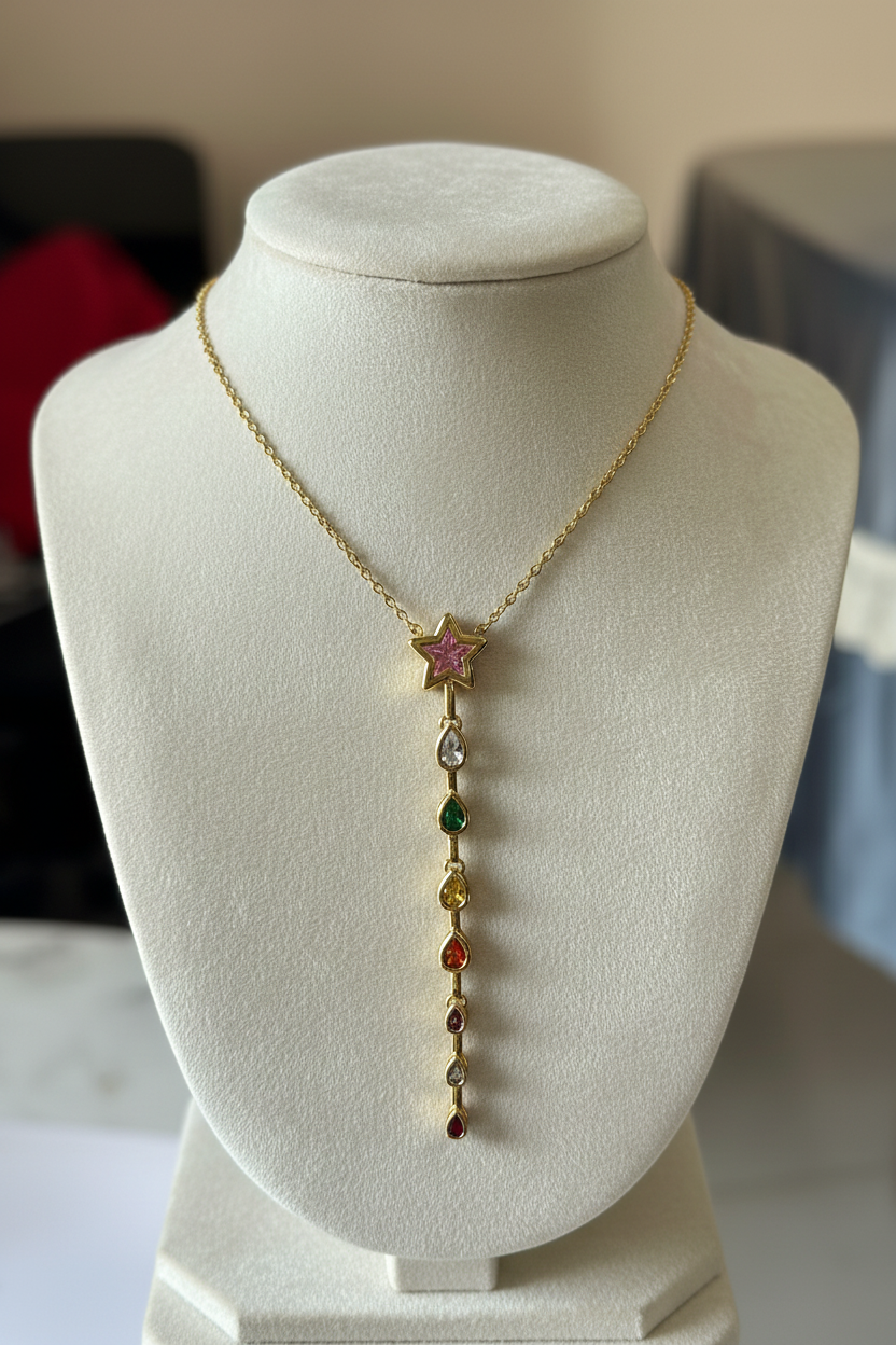 Celestial Chakra Gemstone Necklace on jewelry bust — anti-tarnish gold necklace India — SIOBHÁN