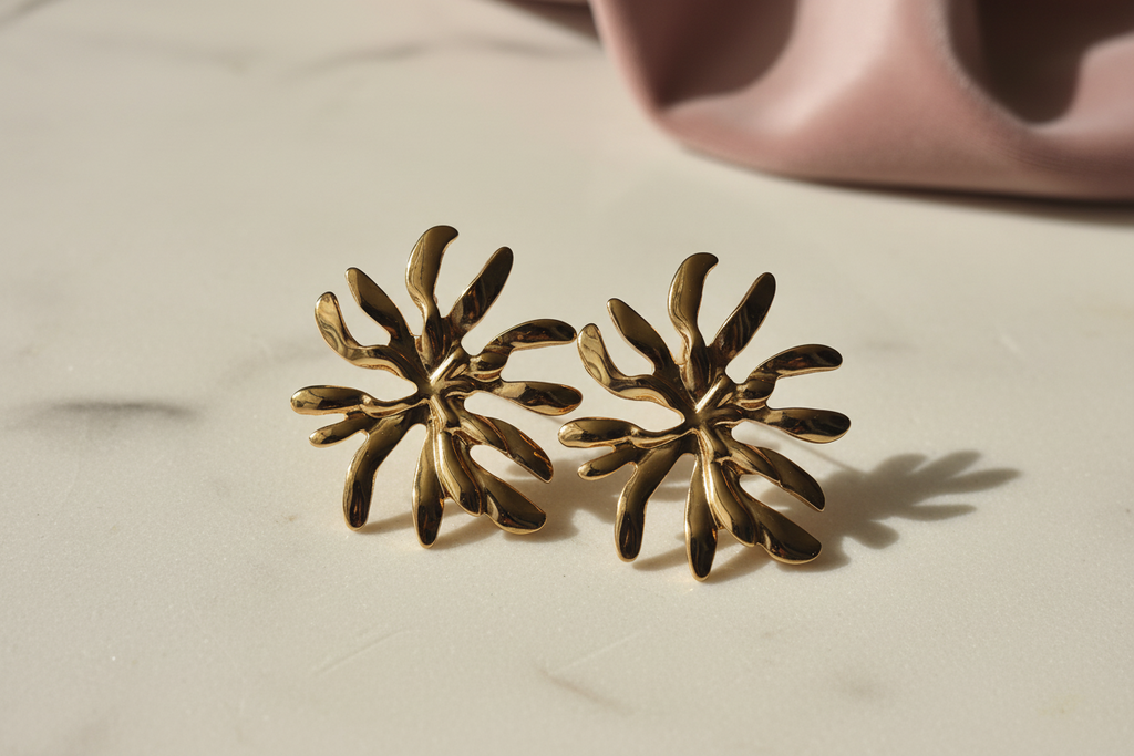 Coral Branch Earrings on luxurious surface — anti-tarnish gold earrings India — SIOBHÁN