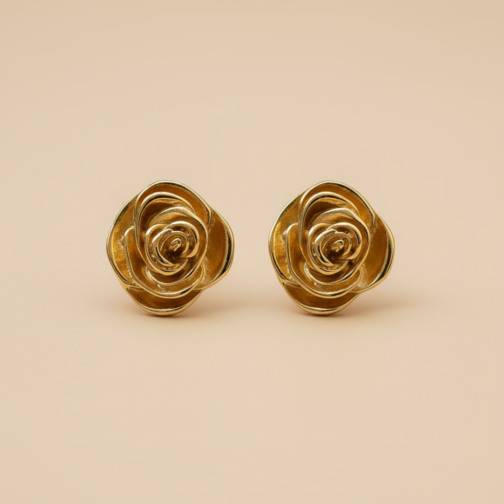 Golden Rose Studs on beige background — anti-tarnish gold stud earrings India — SIOBHÁN