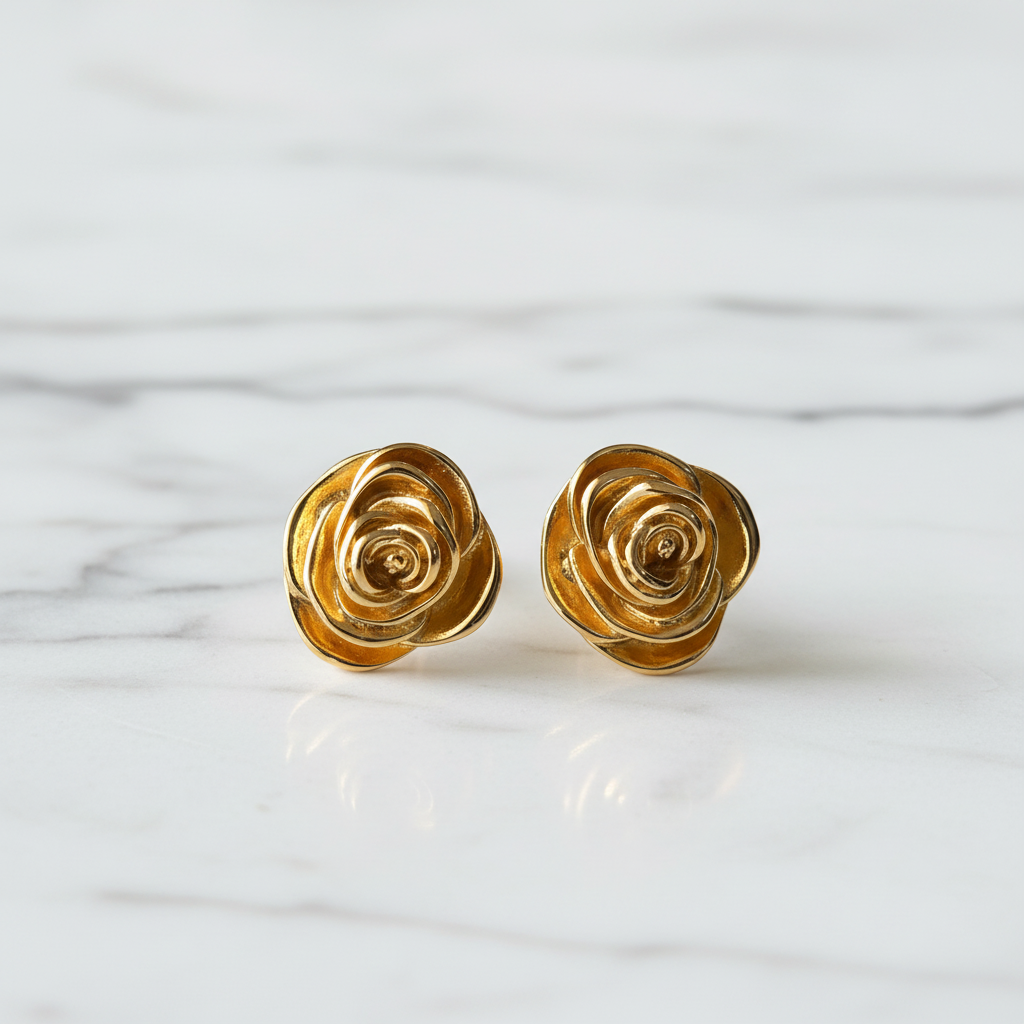 Golden Rose Studs on marble surface — waterproof gold earrings India — SIOBHÁN