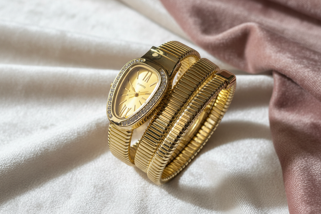 Luxe Gold Serpent Wrap Watch on luxurious surface — waterproof gold watch India — SIOBHÁN