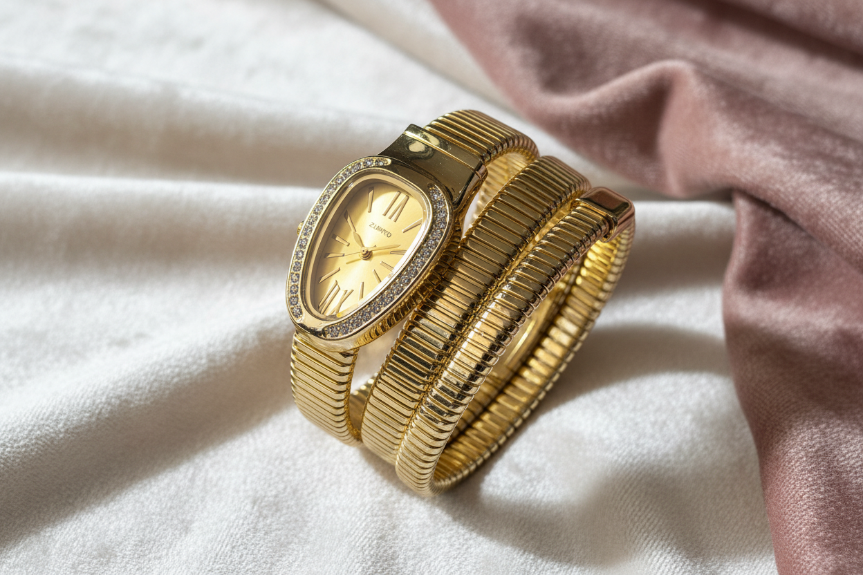 Luxe Gold Serpent Wrap Watch on luxurious surface — waterproof gold watch India — SIOBHÁN