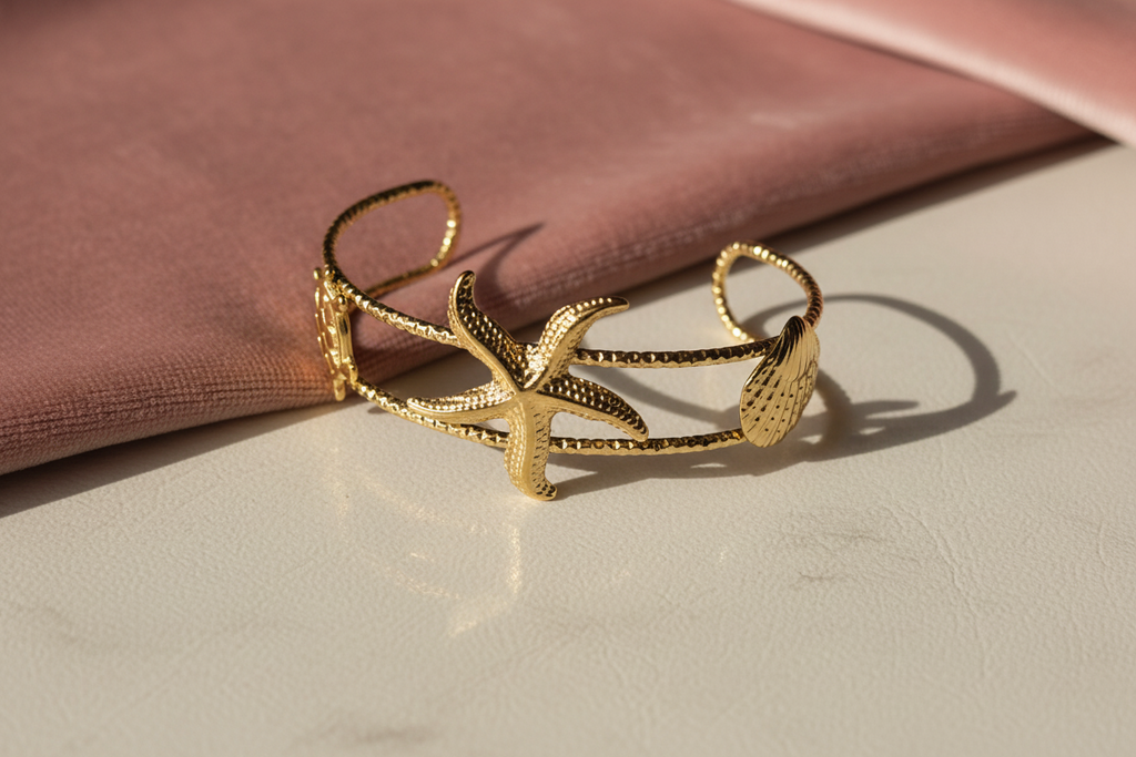 Ocean Muse Gold Cuff Bracelet on luxurious surface — waterproof gold cuff bracelet India — SIOBHÁN