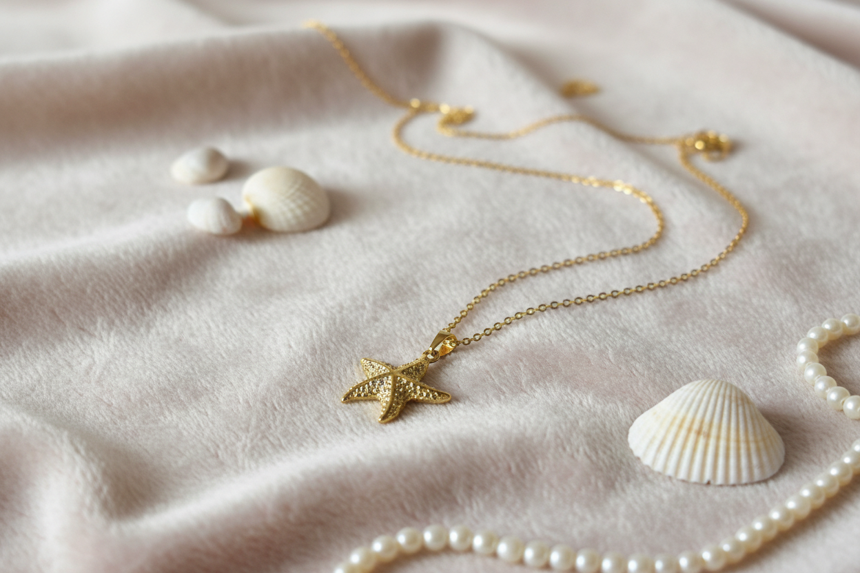 Gold Starfish Pendant Necklace on luxurious surface — waterproof gold necklace India — SIOBHÁN
