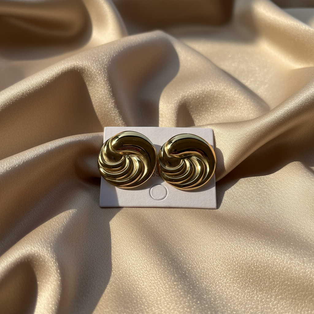 Golden Swirl Studs on beige silk — waterproof gold earrings India — SIOBHÁN