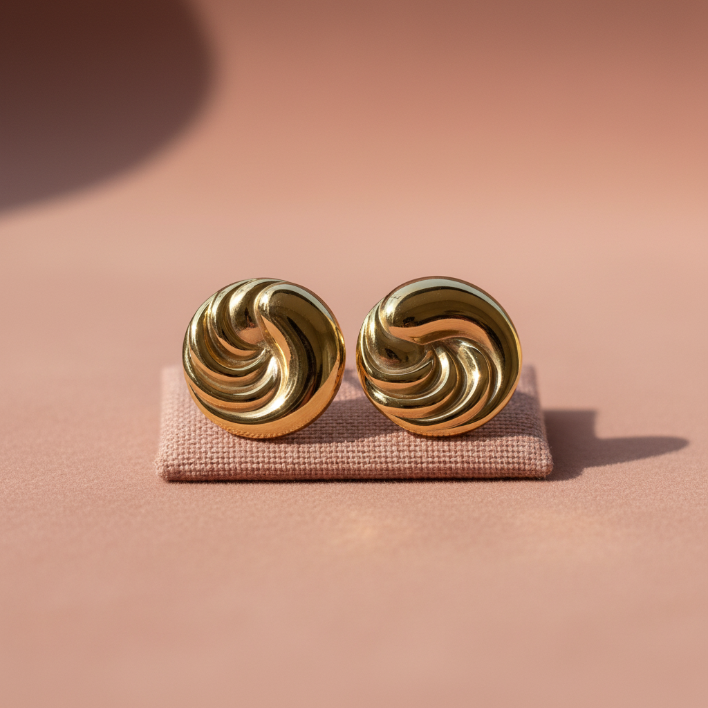 Golden Swirl Studs on dusty rose background — anti-tarnish gold stud earrings India — SIOBHÁN