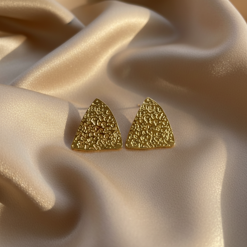 Textured Triangle Gold Studs on beige silk — anti-tarnish gold earrings India — SIOBHÁN
