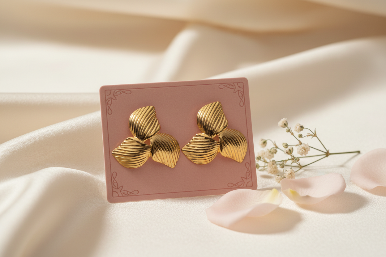 Gold Petal Bloom Earrings on jewelry card — anti-tarnish gold earrings India — SIOBHÁN