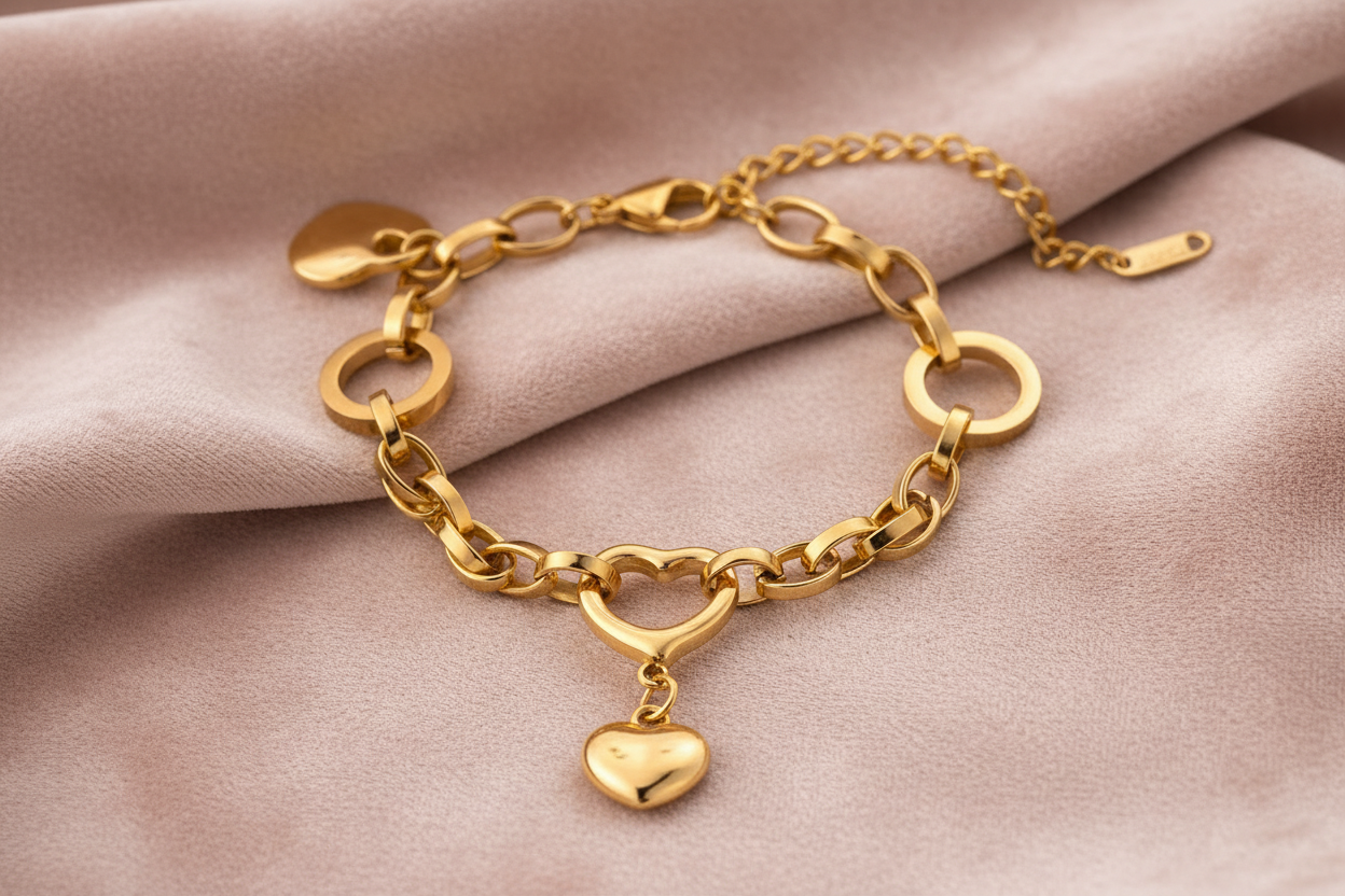 Golden Heart Charm Link Bracelet in elegant setting — anti-tarnish gold bracelet India — SIOBHÁN