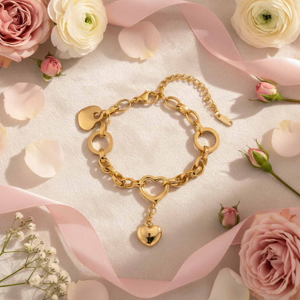 Golden Heart Charm Link Bracelet romantic flat lay — waterproof gold bracelet India — SIOBHÁN