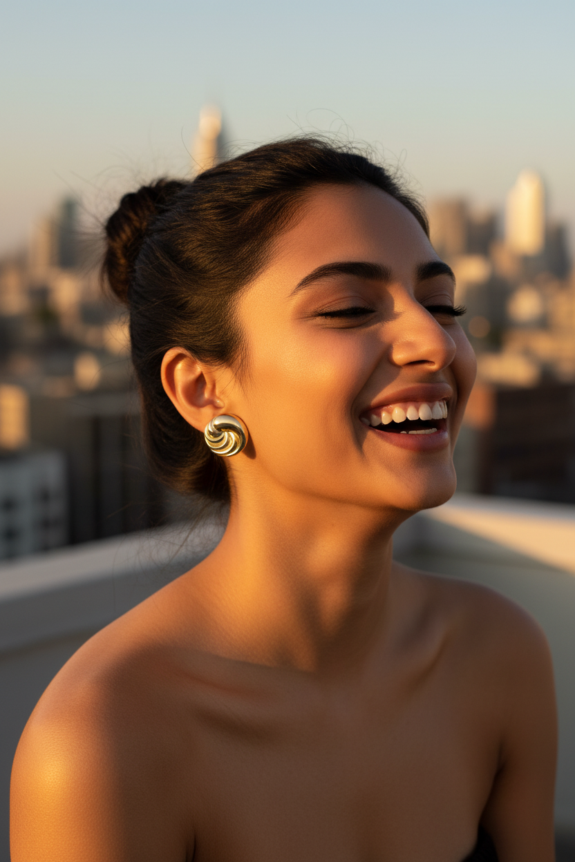 Gold Swirl Studs golden hour lifestyle — anti-tarnish swirl studs India — SIOBHÁN