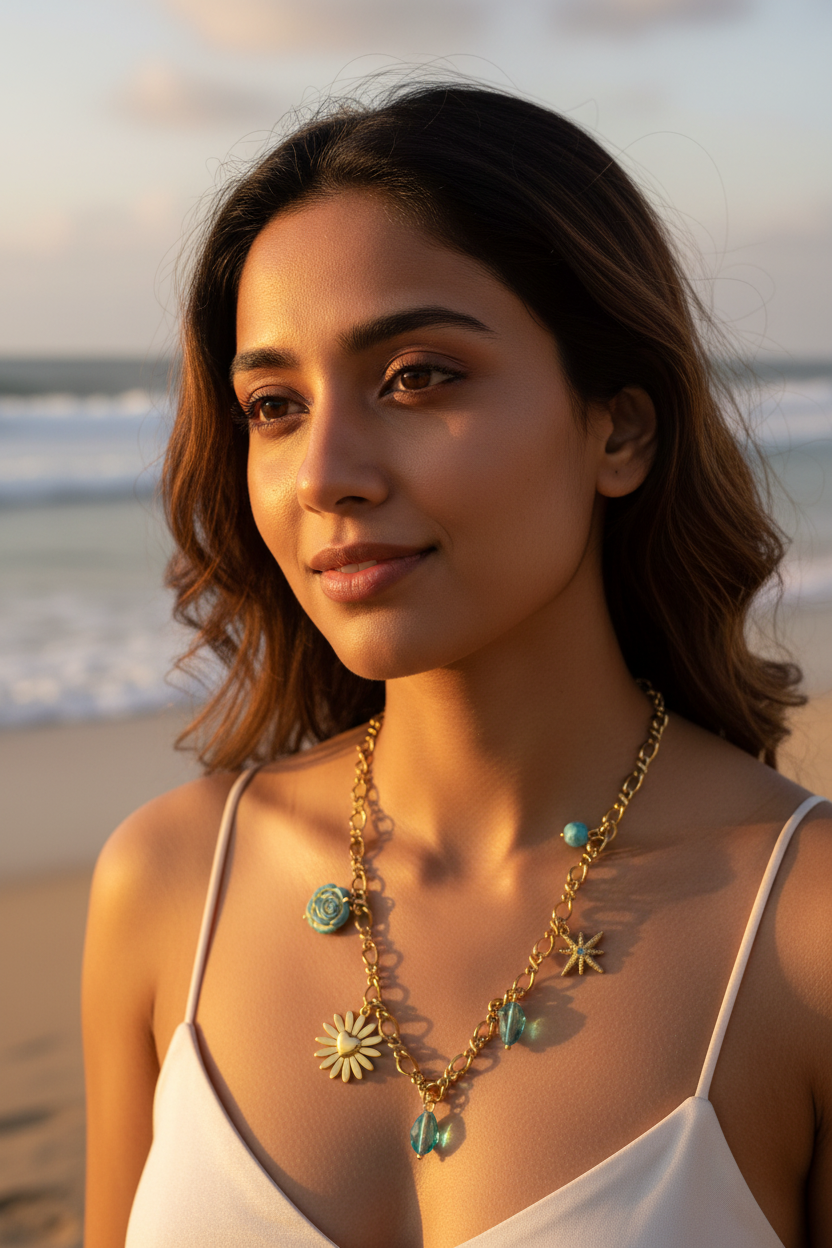 Turquoise Bloom Charm Necklace golden hour beach — skin-safe gold necklace India — SIOBHÁN