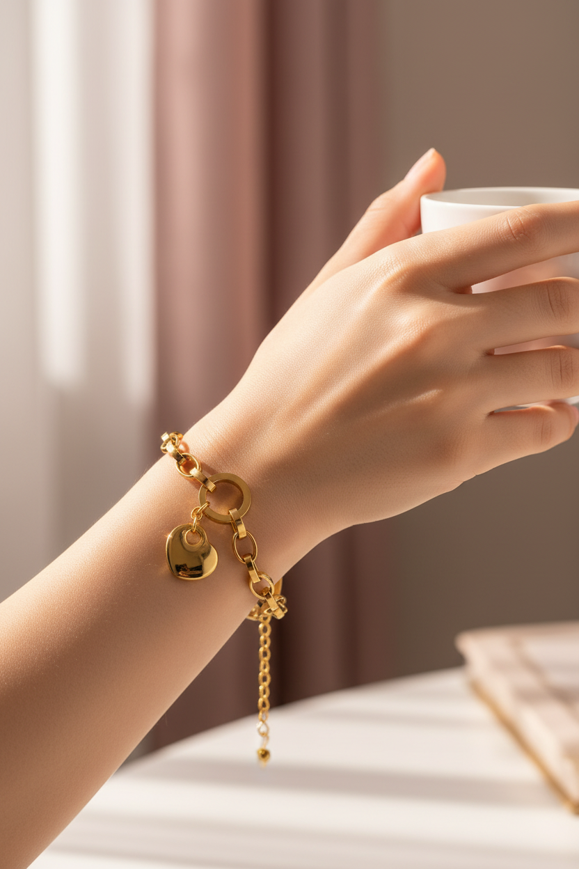 Hand wearing Golden Heart Charm Link Bracelet — anti-tarnish heart bracelet India — SIOBHÁN