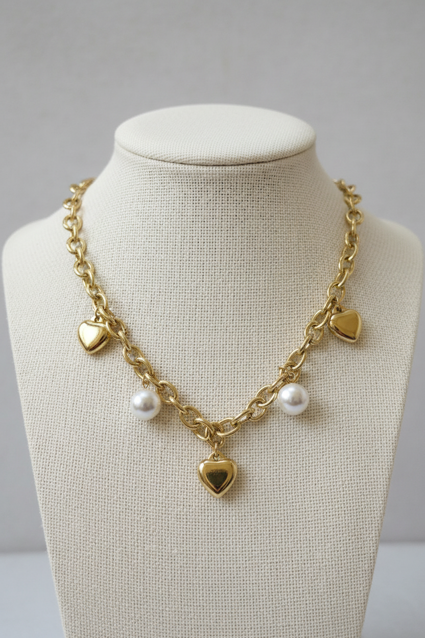 Golden Heart & Pearl Charm Necklace on display bust — anti-tarnish gold necklace India — SIOBHÁN