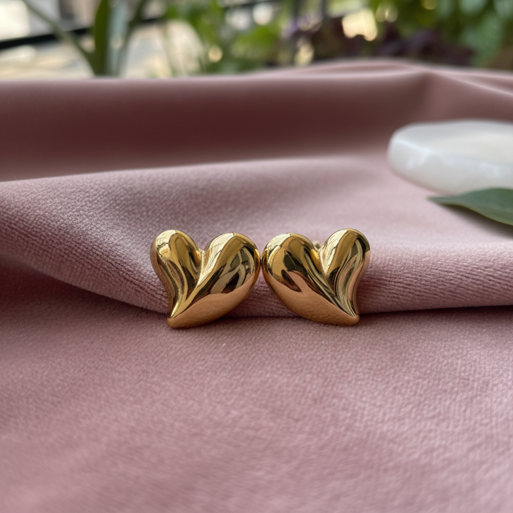 Amora Heart Stud Earrings on dusty rose velvet — anti-tarnish heart earrings India — SIOBHÁN