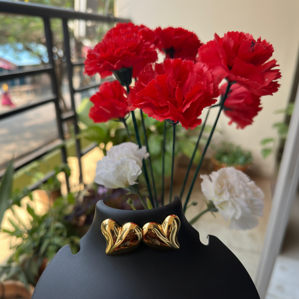 Amora Heart Stud Earrings with red carnation flowers — waterproof heart studs India — SIOBHÁN