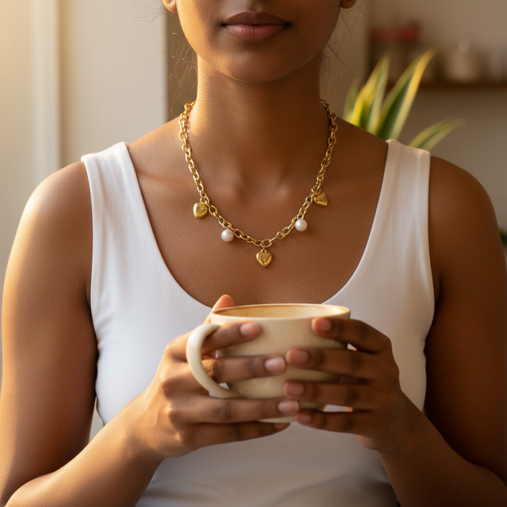 Golden Heart & Pearl Charm Necklace — anti-tarnish gold necklace India — SIOBHÁN
