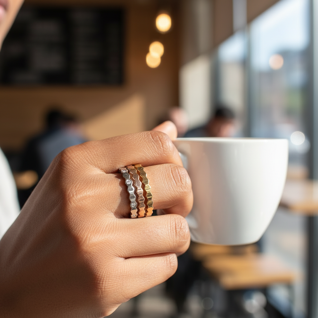 Honeycomb Ring Stack — tri-tone anti-tarnish gold stacking rings India — SIOBHÁN