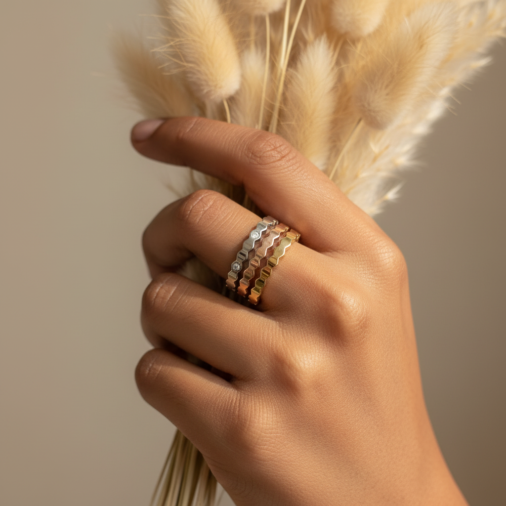 Honeycomb Ring Stack — tri-tone anti-tarnish gold stacking rings India — SIOBHÁN