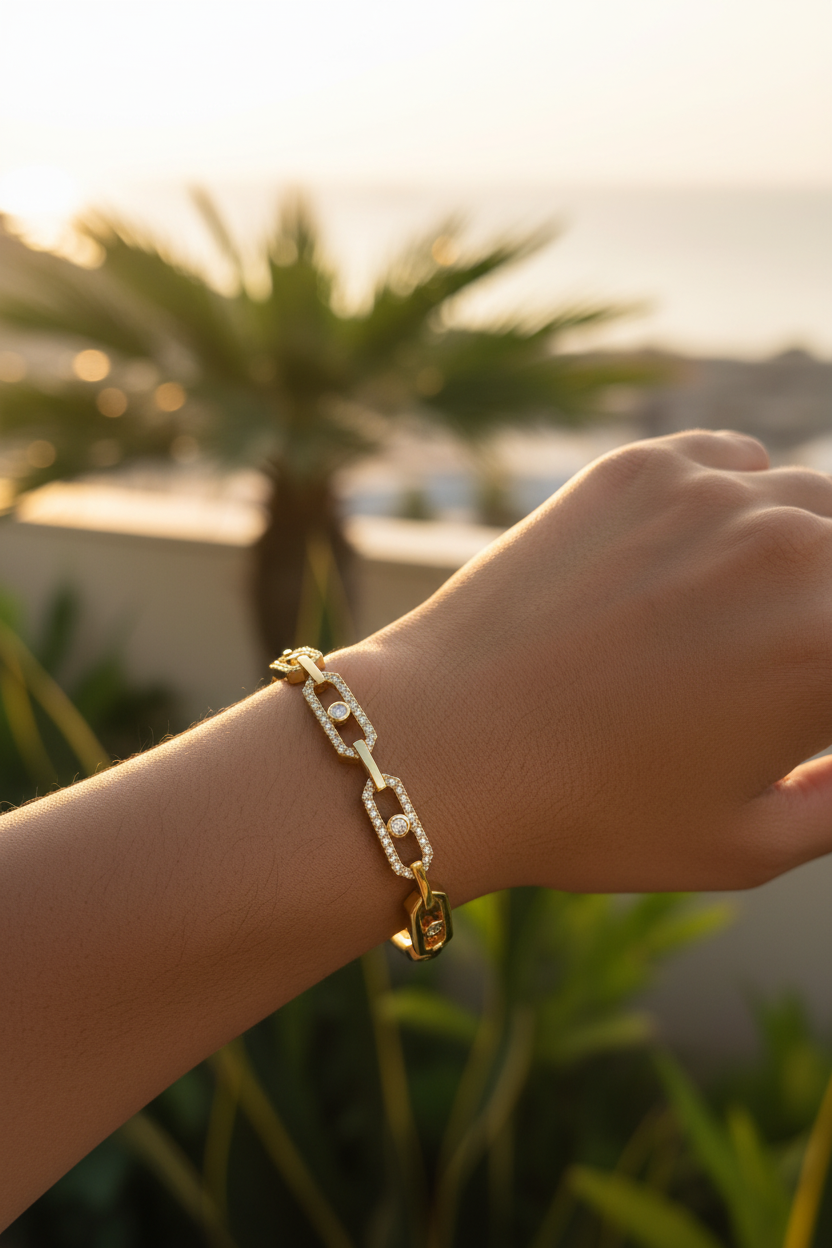 Pavé Chain Link Bangle — on wrist, golden hour