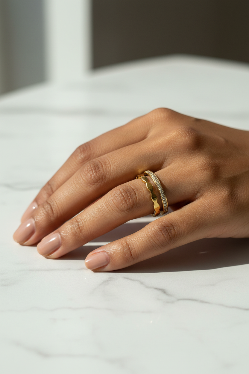 Pavé & Wave Double Band Ring — on finger, marble daylight